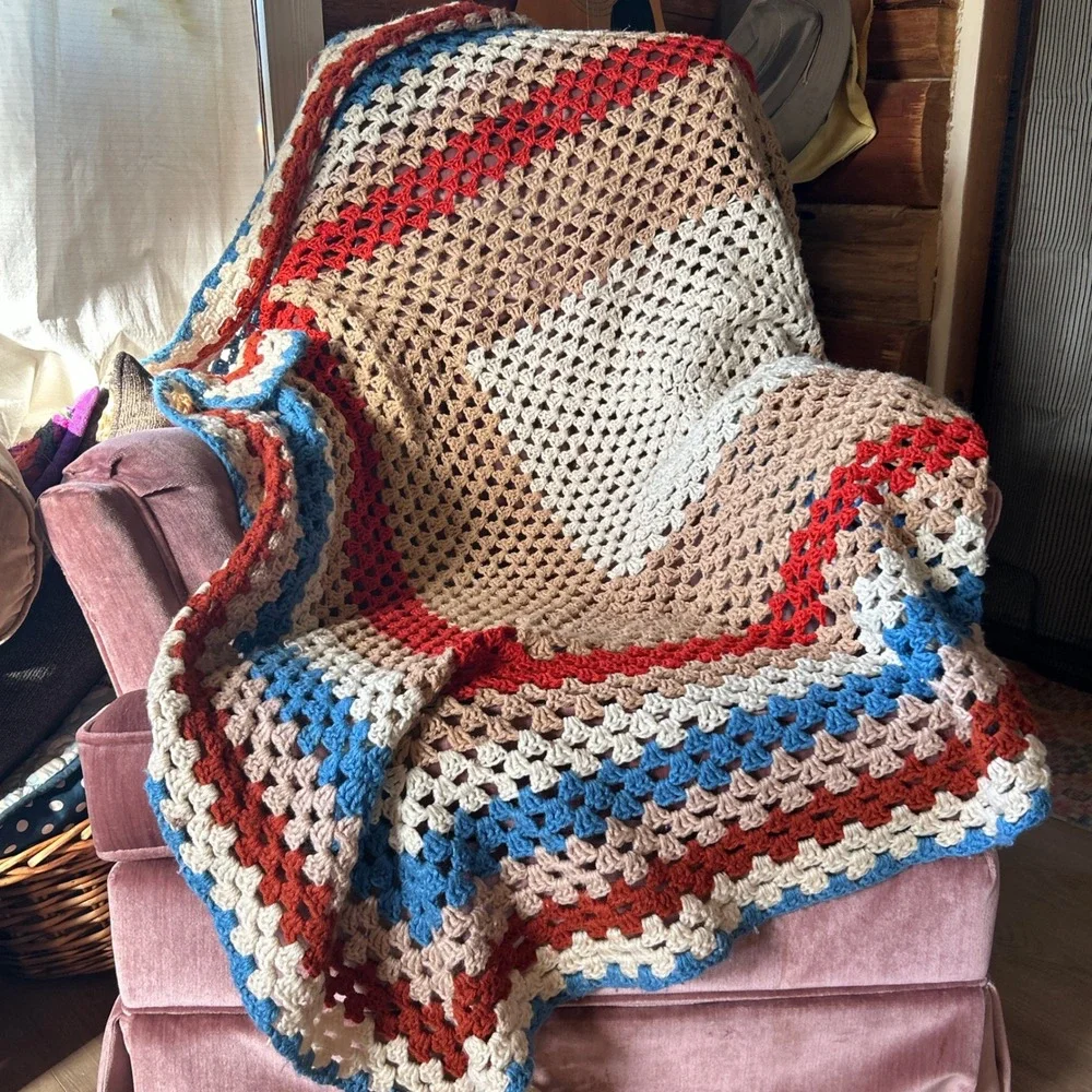 Vintage Handmade Granny Square Crochet Multicolored Blanket‎